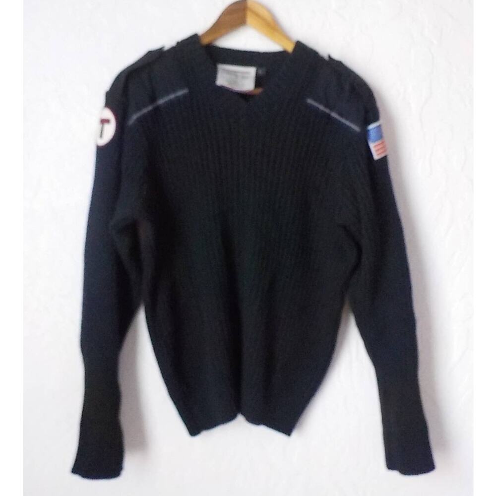 Flying Cross VNeck Sweater Black Wool Blend Ribbed Knit Men Large Patch Flag T